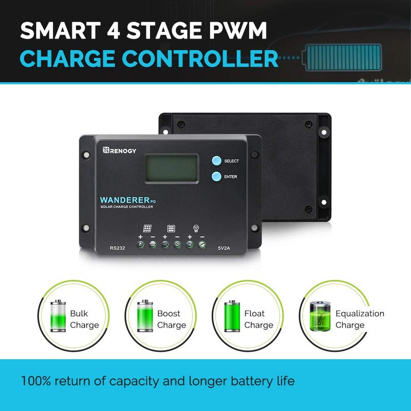 Renogy منظم شحن شمسي رينوجي 10A 12V/24V PWM بتصميم مدمج مع شاشة LCD لبطاريات الدورة العميقة المغلقة، الجل، والمغمورة، وندرر PG 10A، أسود - Image 2